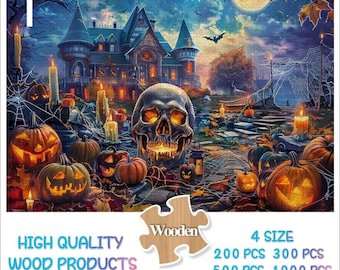 500,1000 Pieces Spooky Halloween Jigsaw Puzzle for Adult，Haunted House Skull Bat Ghost Pumpkin Holiday Puzzles Art,Halloween Gift for Family