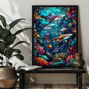 May include: A framed art print featuring a vibrant stained-glass style depiction of sharks and colorful fish swimming amongst coral reefs. The artwork showcases a variety of shark species in shades of blue, purple, and orange, set against a turquoise background.