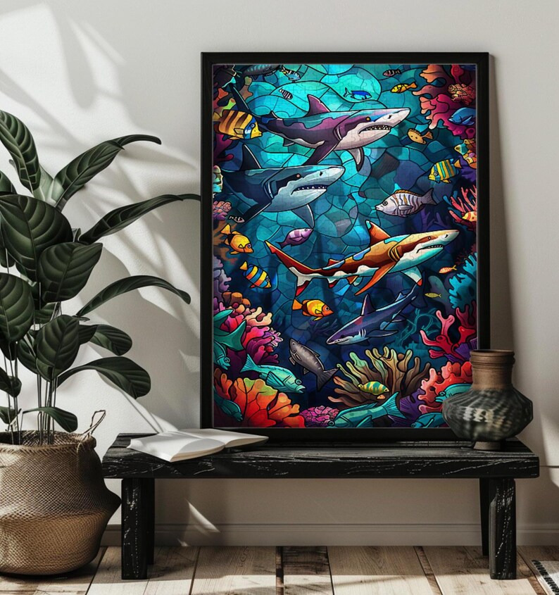 May include: A framed art print featuring a vibrant stained-glass style depiction of sharks and colorful fish swimming amongst coral reefs. The artwork showcases a variety of shark species in shades of blue, purple, and orange, set against a turquoise background.