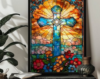 Stained Glass Cross Jigsaw Puzzle for Adults，Christian Puzzles with Colorful Flower,300/500/1000 Wood Cross Religious Puzzle Decor Art Gift