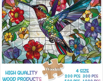 Stained Glass Hummingbird Jigsaw Puzzle，Hummingbird In Flowers Photo Puzzles，300 500,1000 Piece Wood Picture Puzzle，Hummingbird Wall Art