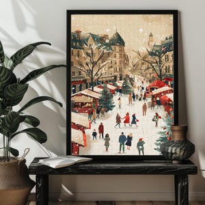 Puede incluir: Una escena de invierno nevada con un mercado navide&ntilde;o en una ciudad europea. La gente camina por el mercado, que est&aacute; decorado con luces y guirnaldas. Hay puestos de madera que venden diversos productos, y un gran &aacute;rbol de Navidad en el centro del mercado.