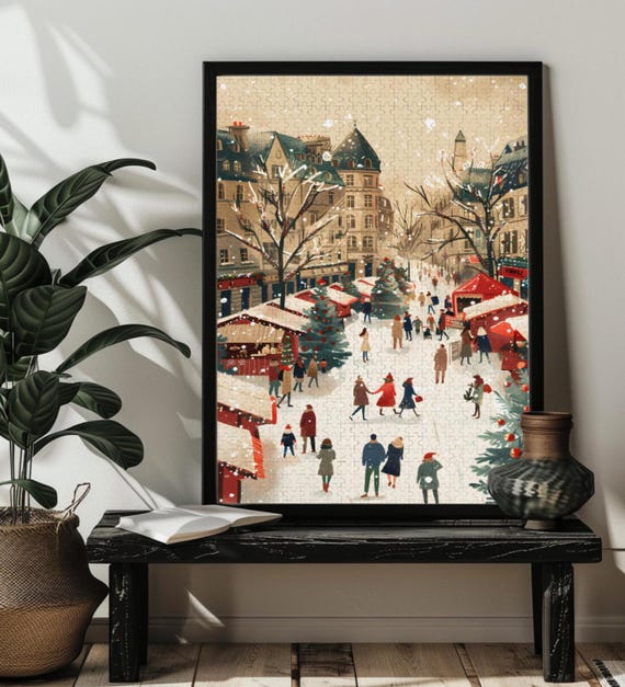 Retro Christmas Market Jigsaw Puzzle 200/300/500/1000 Wood Festive Christmas Winter City Puzzles，Charming Holiday Christmas Market Wall Art