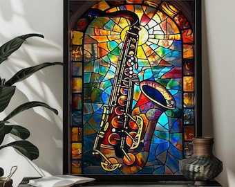 Stained Glass Saxophone Jigsaw Puzzle，300,500,1000 Piece Wood Saxophone Music Puzzles Art for Saxophone Lover,Saxophone Gifts Instrument