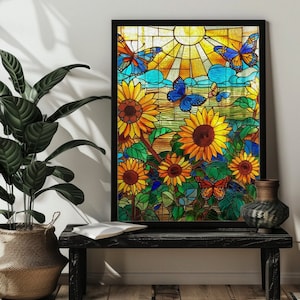 May include: A stained glass window design featuring a vibrant sunflower and butterfly motif. The sunflowers are yellow with brown centers and green leaves. The butterflies are blue, purple, and orange with black outlines. The background is a light blue sky with a yellow sun.