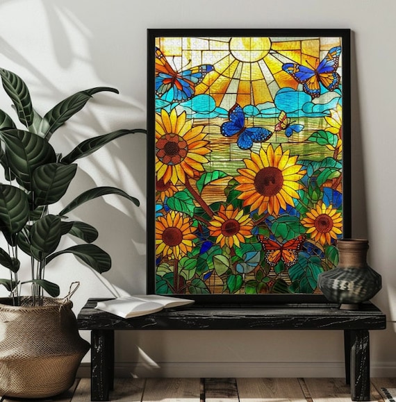Stained Glass Sunflower Butterfly Jigsaw Puzzle Photo Puzzles 200,300,500,1000 Piece Wooden Picture Puzzle for Birthday/Kids/Family Gift
