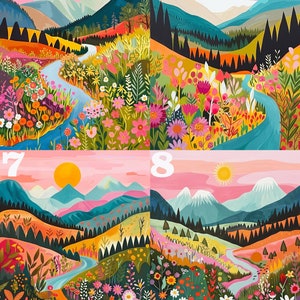 May include: A digital illustration of four colourful landscapes with pink skies, mountains, trees, and a winding river. The numbers 5, 6, 7, and 8 are in the top corners of each landscape.