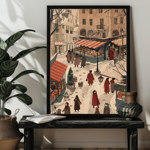 Puede incluir: Una pintura de acuarela de una escena de calle europea nevada con un puesto de mercado y gente caminando. Los edificios est&aacute;n pintados en tonos beige y marr&oacute;n, y la nieve es blanca. La gente lleva ropa de invierno, y algunos llevan bolsas de la compra.