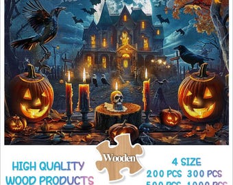 500,1000 Pieces Spooky Halloween Jigsaw Puzzles Adult，Haunted House Skull Bat Ghost Pumpkin Holiday Puzzles Art,Halloween Gift for Family