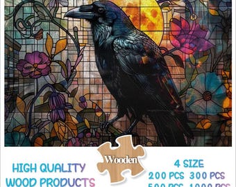 500，1000 Stained Glass Gothic Raven Jigsaw Puzzle Crow Moon Wall Art Puzzles Stained Wall Art，Halloween Wall Decor，Halloween Gift for Him