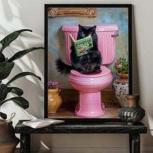 May include: A black cat sitting on a pink toilet reading a book titled "Pooping". The cat is wearing a serious expression and is surrounded by plants.