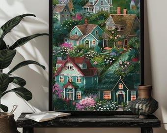 May include: A painting of a quaint, green neighborhood with houses surrounded by lush greenery and flowers. The houses have red roofs and white trim, and some have windows with glowing lights. The scene is peaceful and idyllic.