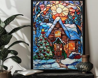 Stained Glass Christmas Snowy Village Jigsaw Puzzles for Adults，Christmas House Art Decor，300/500/1000 Wood Christmas Puzzle，Christmas Gift