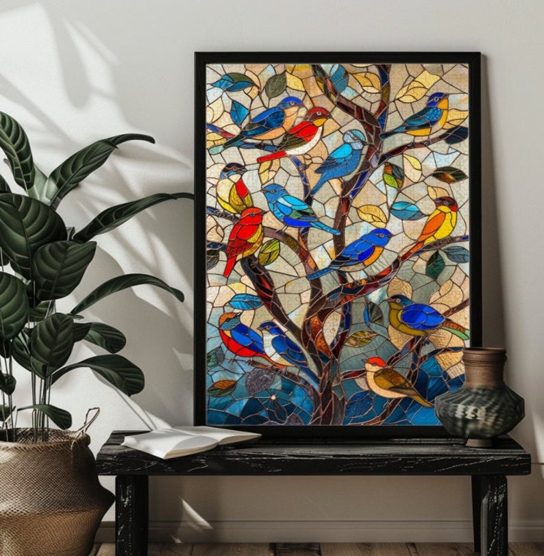 May include: A stained glass artwork depicting a tree with colorful birds. The birds are in various shades of blue, red, yellow, and green. The tree is made of mosaic glass pieces in shades of blue, green, and brown.