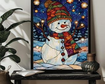 Stained Glass Christmas Snowman Jigsaw Puzzle for Adult 200,300,500,1000 Piece Christmas Puzzles Art Gift,Snowman Wall Art,Christmas Gift