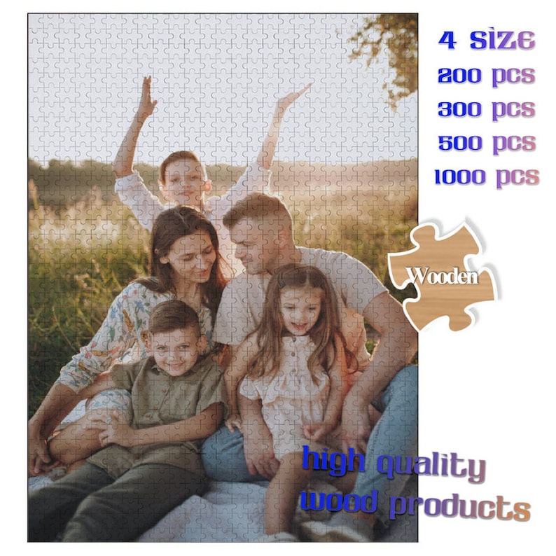 May include: A family of five poses for a photo in a field. The family is sitting on a blanket and smiling. The photo is printed on a wooden jigsaw puzzle with the text "4 size 200 pcs 300 pcs 500 pcs 1000 pcs Wooden high quality wood products".