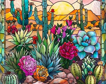 Diamond Painting Kits Stained Glass Cactus，Full Drill 5D DIY Desert Landscape Diamond Art,Plant Lover Gift Succulent Rhinestones Art Gift