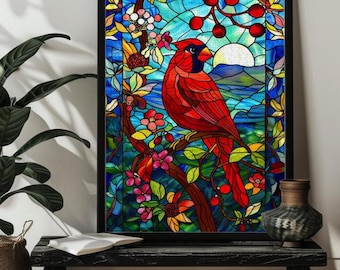 Christmas Stained Glass Cardinal Jigsaw Puzzle，300,500,1000 Piece Bird Red Cardinal Berry Puzzles Art for Birthday/Family, Christmas Gift