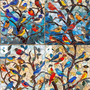 May include: A stained glass window depicting a tree with many colorful birds. The birds are in shades of blue, red, yellow, and green. The tree is made of small pieces of glass, creating a mosaic effect.