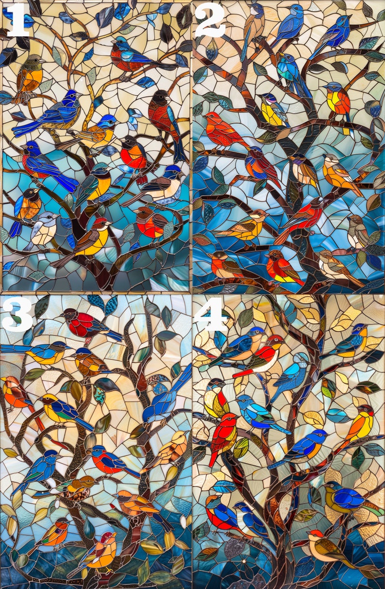 May include: A stained glass window depicting a tree with many colorful birds. The birds are in shades of blue, red, yellow, and green. The tree is made of small pieces of glass, creating a mosaic effect.