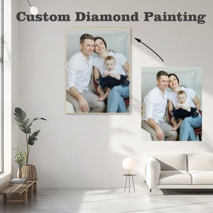 May include: A custom diamond painting kit featuring a photo of a family of three. The photo shows a man, a woman, and a young child sitting together. The image is displayed on a white wall in a living room setting.