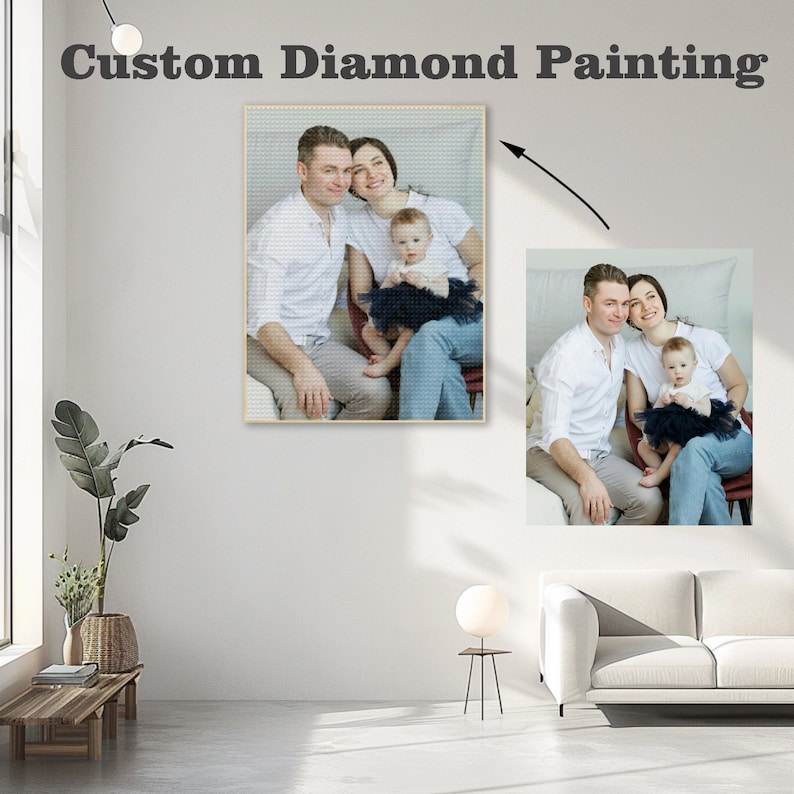 May include: A custom diamond painting kit featuring a photo of a family of three. The photo shows a man, a woman, and a young child sitting together. The image is displayed on a white wall in a living room setting.