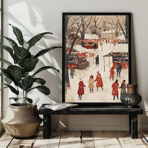 Puede incluir: Una ilustraci&oacute;n enmarcada de una escena de invierno con personas caminando por un mercado nevado. Los puestos del mercado est&aacute;n decorados con toldos a rayas rojas y blancas. La ilustraci&oacute;n est&aacute; en un marco negro.