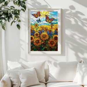 May include: A stained glass window design featuring a field of sunflowers with butterflies flying above. The sunflowers are yellow with brown centers and the butterflies are blue and purple.
