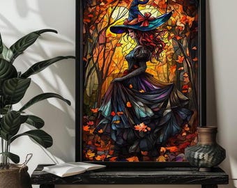 Fall Halloween Stained Glass Witch Jigsaw Puzzle for Adults，200/300/500/1000 Wood Holiday Witch Puzzle, Autumn Decor Art,Fall Halloween Gift