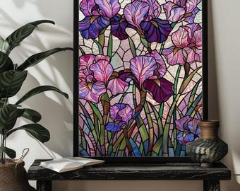 Stained Glass Iris Flowers Jigsaw Puzzle 300 500,1000 Piece Wooden Purple Iris Puzzles，Iris Floral Wall Art，Birthday Gift For Mom/Grandma