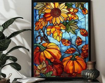 Glasmalerei Herbst Kürbis Ernte Puzzles für Erwachsene ， 1000 Teile Herbst Puzzle, Kürbis Sonnenblume Kunst Erntedank Halloween Dekor
