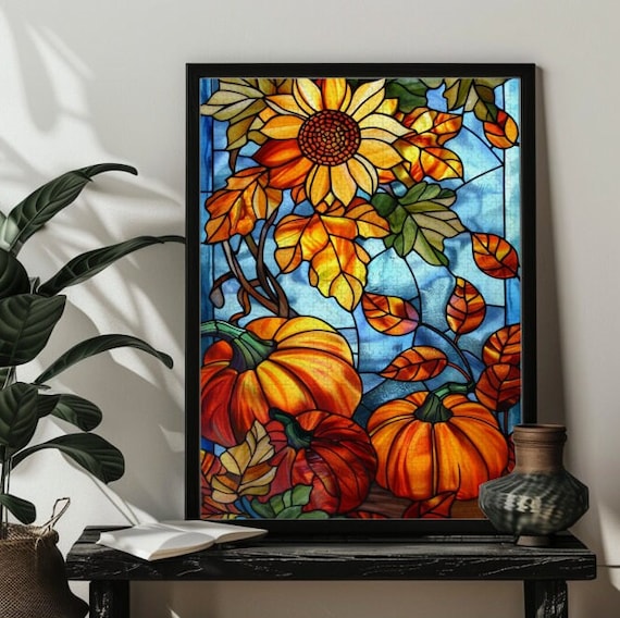 Stained Glass Fall Pumpkin Harvest Jigsaw Puzzles for Adults，1000 Pieces Autumn Puzzle,Pumpkin Sunflower Art Thanksgiving Halloween Decor
