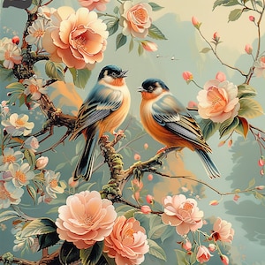 May include: Two small birds perched on a branch of a flowering tree. The tree has pink and white blossoms. The birds are blue, orange, and brown.