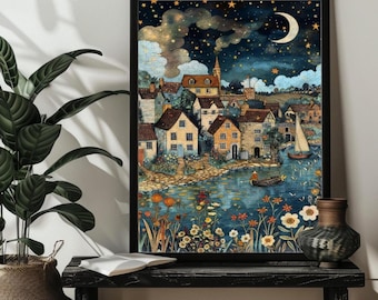 Nordic Waterways Village Jigsaw Puzzle 200/300/500/1000 Wood Whimsical River Town Fantasy Puzzles,William Morris Style Norwegian Folk Art