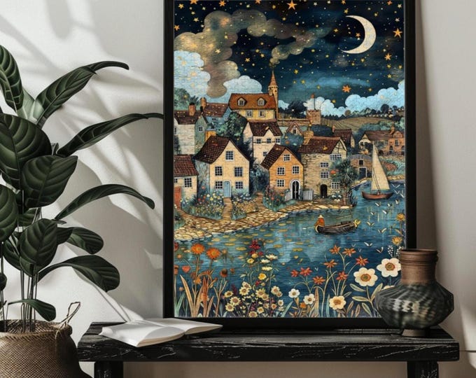 Nordic Waterways Village Jigsaw Puzzle 200/300/500/1000 Wood Whimsical River Town Fantasy Puzzles,William Morris Style Norwegian Folk Art