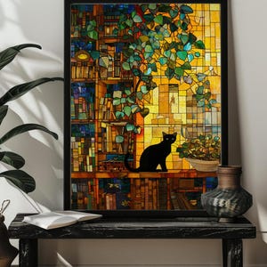 ステンドグラスの黒猫が本屋にいる大人用ジグソーパズル、黒猫の壁アート、本好きへのギフト、300/500/1000黒猫パズル、司書へのギフト