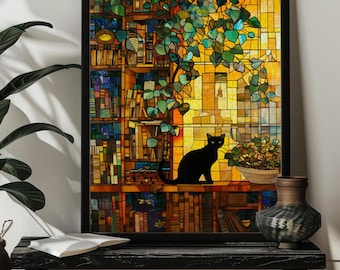 Puzzle chat noir en vitrail pour adulte, oeuvre d'art murale chat noir, cadeau pour amoureux des livres, 300/500/1000 puzzles chat noir, cadeau de bibliothécaire