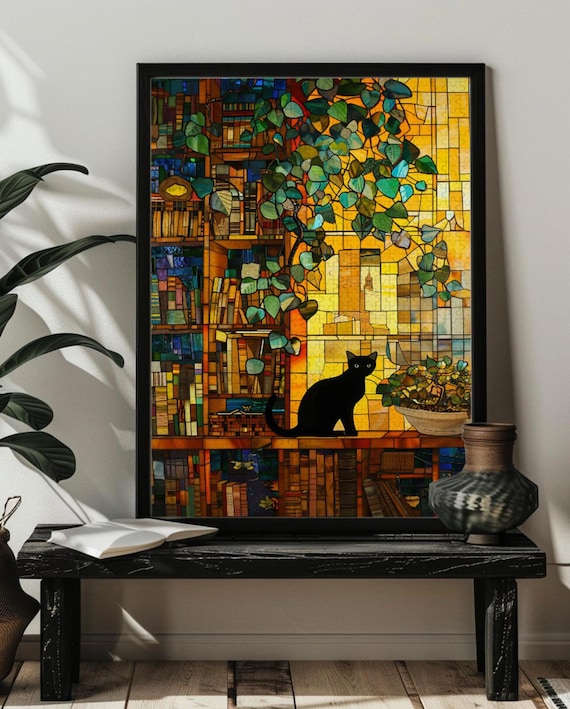 Stained Glass Black Cat On Bookshop Jigsaw Puzzle for Adult，Black Cat Wall Art，Book Lover Gift,300/500/1000 Black Cat Puzzles，Librarian Gift