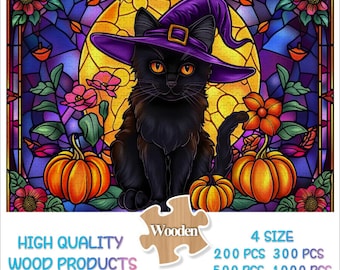 500,1000 Pieces Halloween Black Cat Pumpkin Jigsaw Puzzle Adult，Black Cat in Witch Hat Puzzles Art,Fall Halloween Gift for Family Game