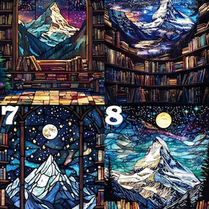 May include: A stained glass window with a view of a mountain range under a full moon and a starry night sky. The window is in a room with bookshelves filled with books.