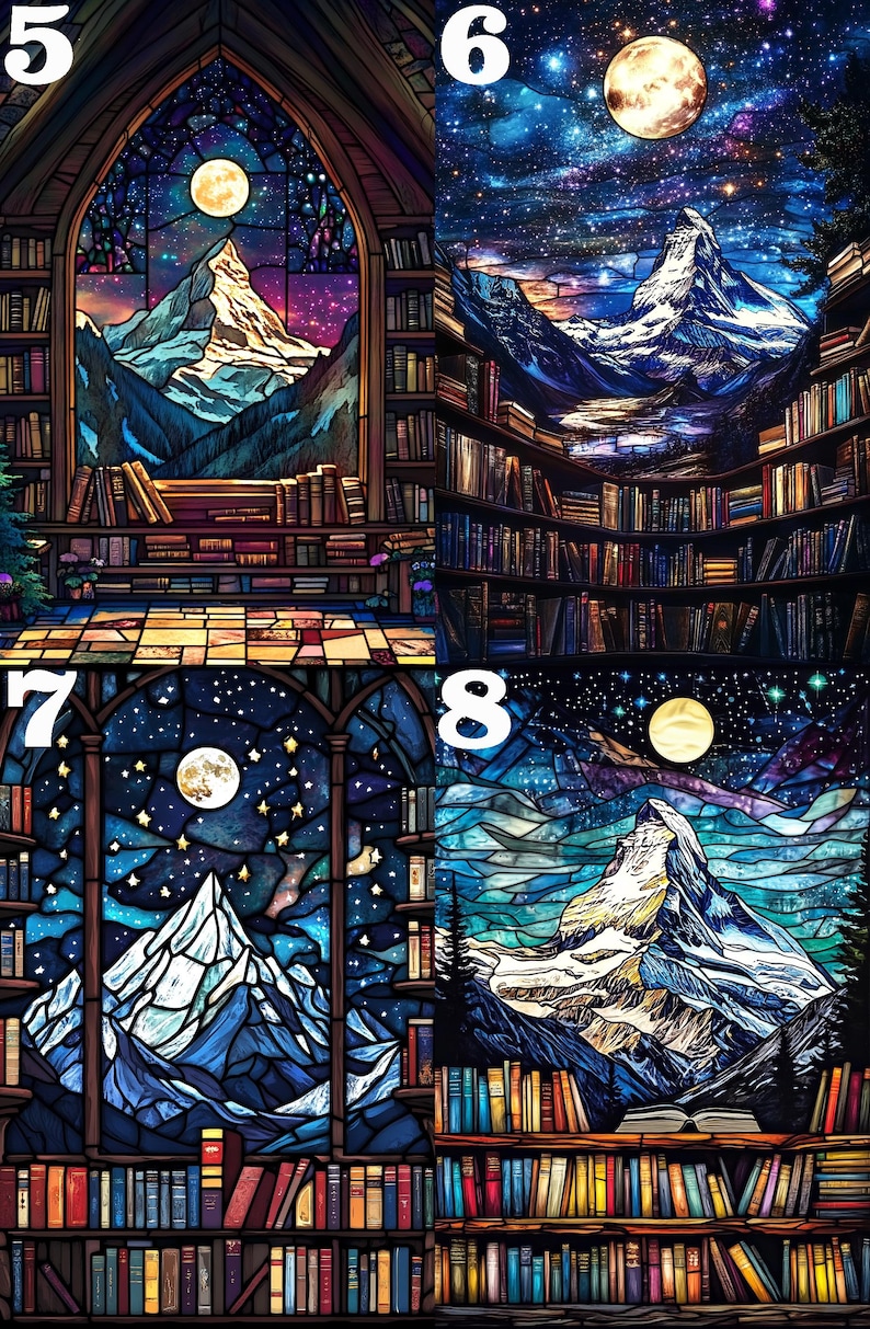 May include: A stained glass window with a view of a mountain range under a full moon and a starry night sky. The window is in a room with bookshelves filled with books.