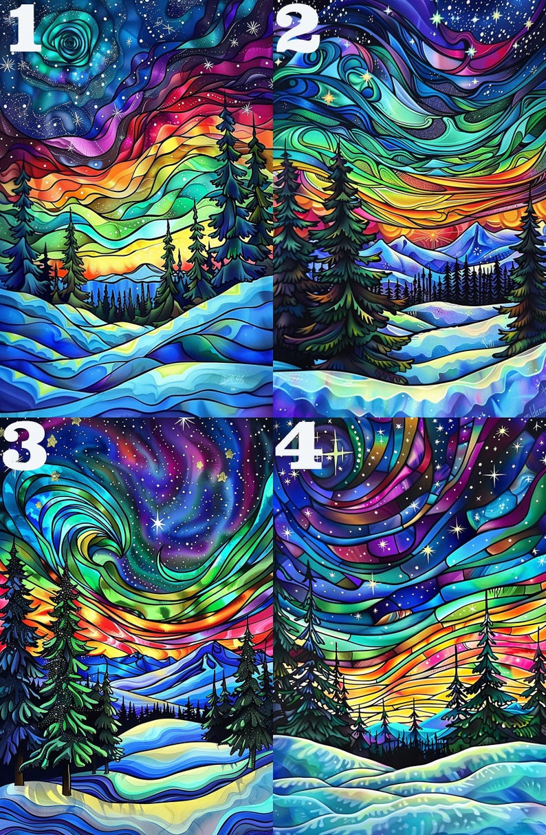 K&ouml;nnte beinhalten: Ein digitales Gem&auml;lde, das vier verschiedene Szenen eines Winterwaldes mit einem farbenfrohen Nordlicht am Himmel zeigt. Die Szenen sind in vier Quadrate unterteilt, jedes mit einem anderen Farbschema. Die erste Szene ist von Rot- und Oranget&ouml;nen dominiert, die zweite von Blau- und Gr&uuml;nt&ouml;nen, die dritte von Lila- und Rosat&ouml;nen und die vierte von Gelb- und Braunt&ouml;nen.