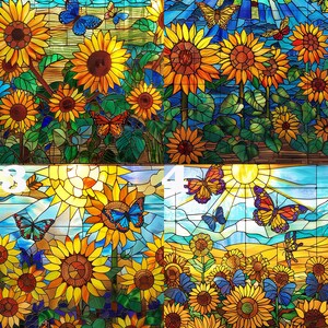 May include: A stained glass window design featuring a field of sunflowers with butterflies flying around them. The sun shines brightly in the sky above the flowers. The window is divided into four sections, each with a different design.