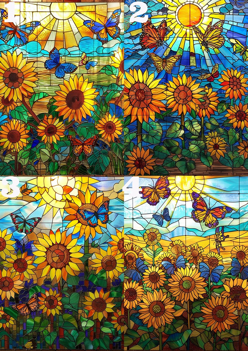 May include: A stained glass window design featuring a field of sunflowers with butterflies flying around them. The sun shines brightly in the sky above the flowers. The window is divided into four sections, each with a different design.
