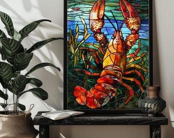 Stained Glass Lobster Jigsaw Puzzle Art Gift,Coastal Puzzles Wall Art,200/300/500/1000 Wood Lobster Puzzles Decor Art Lobster Lover Gift
