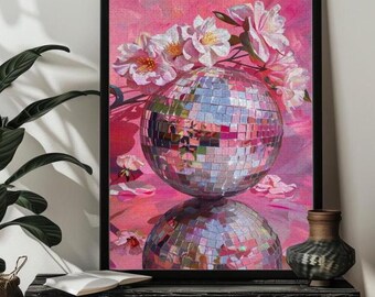 Disco Ball Floral Jigsaw Puzzle，300/500/1000 Wood Pink Cherry Flower Disco Ball Puzzles，Maximalist Trendy Wall Art,Preppy Gift for Girl