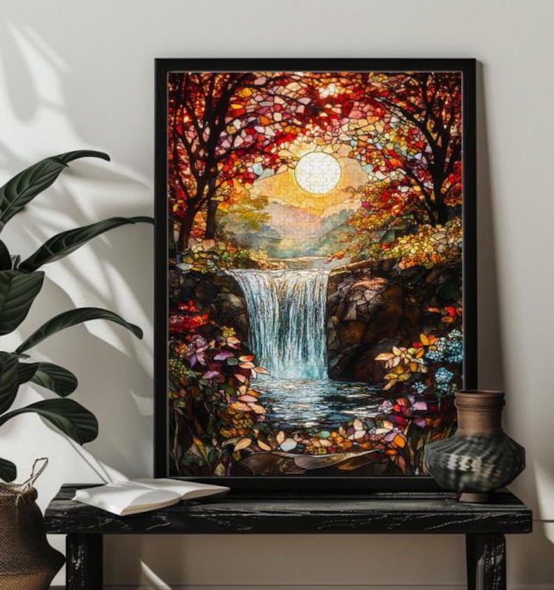 Stained Glass Forest Jigsaw Puzzle，300,500,1000 Piece Wood Waterfall Landscape Puzzles Art,Waterfall Wall Art Decor，Forest Nature Puzzle image 6