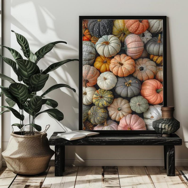 May include: A framed print featuring a close-up of a variety of pumpkins in shades of orange, green, gray, and white.