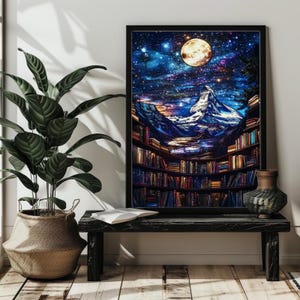 May include: A stained glass style illustration of a mountain range with a full moon and stars in the sky. The mountain range is framed by a bookshelf filled with books.