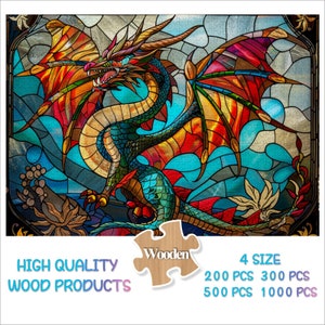 Stained Glass Dragon Jigsaw Puzzle，300,500,1000 Piece Wood Dragon Photo Puzzles Art for Birthday/Family,Gift for Him/Kids，Dragon Wall Decor